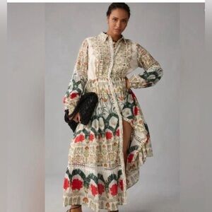 Anthropologie Button Down Eleanora Maxi ShirtDress Botanical Motif 1X